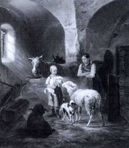 Tierfamilie In Einem Stall by Benno Adam