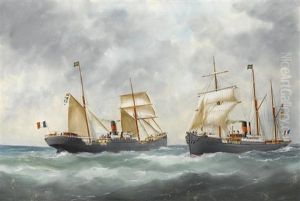 The Ships La Pacicique And Tropique Passing At Sea by Edouard Adam
