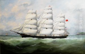 The Full-rigger King Ceolric Running Down The Coast Under Full Sail by Edouard Adam