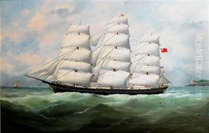 The Full-rigger "king Ceolric" Running Down The Coast Under Full Sail by Edouard Adam