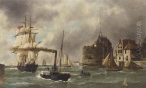 An American Clipper Being Towed Into Le Havre With The Pilot Cutter Standing By by Edouard Adam
