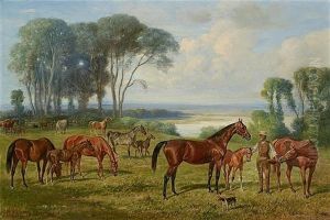 A Horseman With Thoroughbreds On The Paddock by Emil Adam