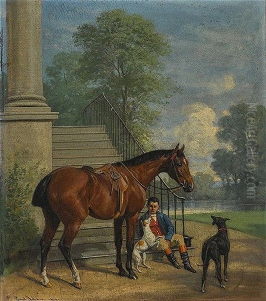 Rastender Reiter Mit Pferd Und Zwei Hunden - view 1