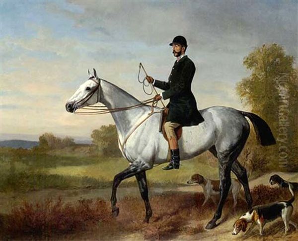 Reiter Auf Einem Schimmel Mit Drei Jagdhunden - view 1