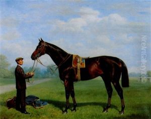 Portrat Des Pferdes "rother Stadl" Und Seines Trainers John Reeves by Emil Adam