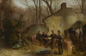 Rastende Ulanen In Einer Ruine by Eugen Adam