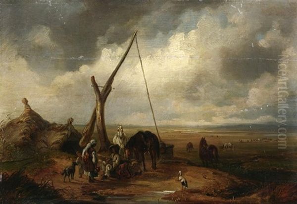 Rast An Der Tranke. Vorn Auf Einer Anhohe Eine Bauernfamilie Bei Einem Ziehbrunnen, Im Hintergund Eine Weite Ebene - view 1