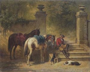 Rokokokavalier Mit Zwei Pferden Und Hunden Am Treppenaufgang Zum Schlosspark