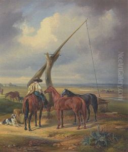Reiter Mit Pferden Am Ziehbrunnen by Eugen Adam