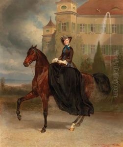 Empress Elisabeth Of Austria As Bride On Horseback In Possenhofen 1853 by Franz Adam