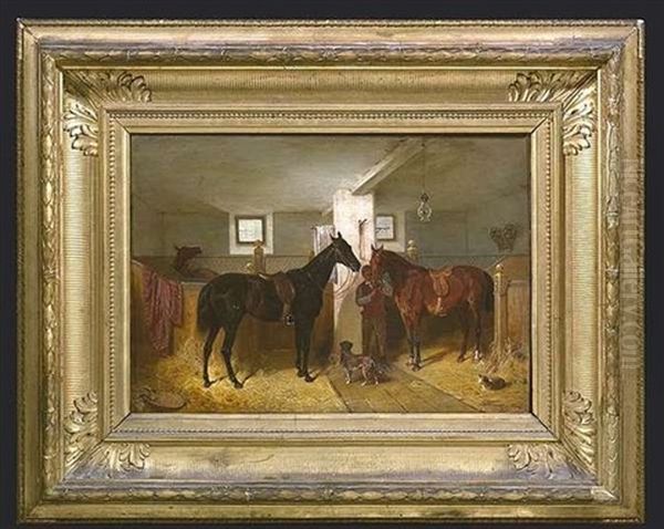 Stallinterieur Mit Gesattelten Pferden - view 1