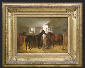 Stallinterieur Mit Gesattelten Pferden Stallinterieur Mit Gesattelten Pferden