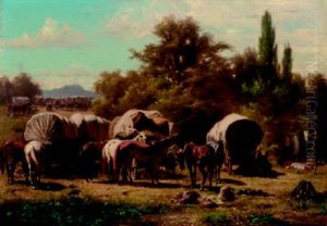 Bei Der Rast. Lagernder Trek Mit Ausgespannten Pferden Vor Planwagen In Sudlicher Landschaft by Franz Adam