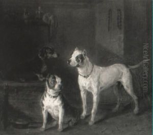 Drei Hunde In Der Scheune by Franz Adam