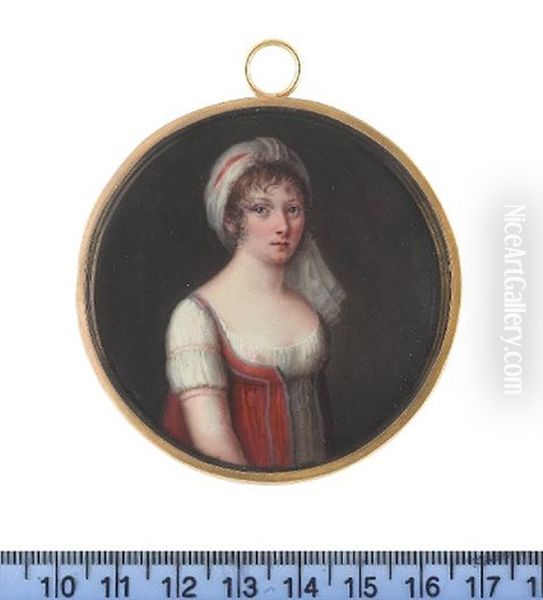 A Lady, Wearing Classically Inspired Decollete White Robe With Drawstring Under The Bust And Pink Embroidered Trim On The Gathered Sleeve - view 1