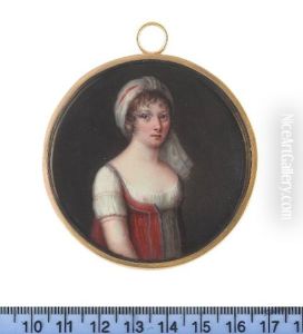 A Lady, Wearing Classically Inspired Decollete White Robe With Drawstring Under The Bust And Pink Embroidered Trim On The Gathered Sleeve by Isaac Adam
