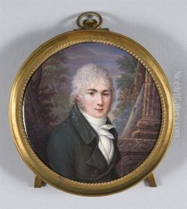 Jeune Homme A Mi-corps De Trois-quarts A Droite, En Redingote Grise Et Cheveux Poudres, Dans Un Paysage De Ruines Antiques