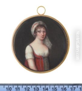 A Lady, Wearing Classically Inspired Decollete White Robe With Drawstring Under The Bust And Pink Embroidered Trim On The Gathered Sleeve And Open Robe