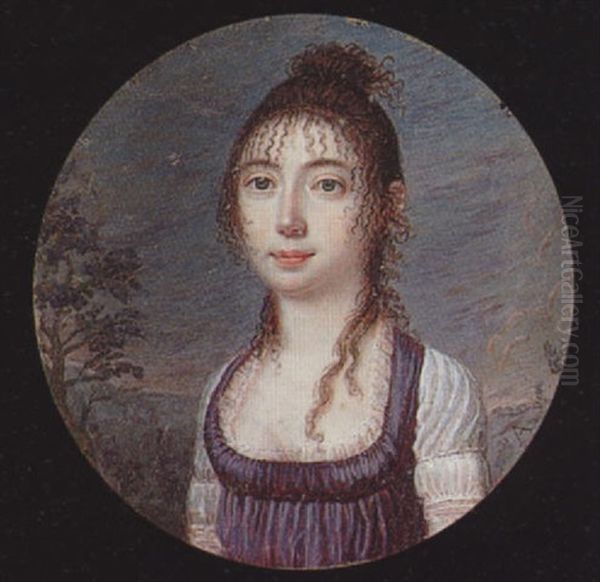 A Young Lady, Her Hair In A Bun And Ringlets, Wearing Decollete Dress With Purple Bodice And Short White Sleeves, Landscape Background - view 1