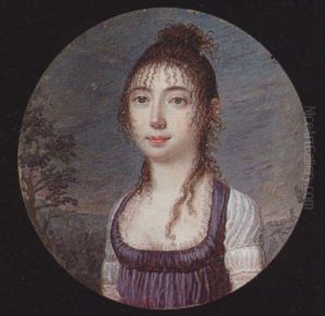 A Young Lady, Her Hair In A Bun And Ringlets, Wearing Decollete Dress With Purple Bodice And Short White Sleeves, Landscape Background