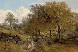 A Shepherd And His Flock On A Country Path (collab. W/joseph Denovan Adam) by Joseph Adam