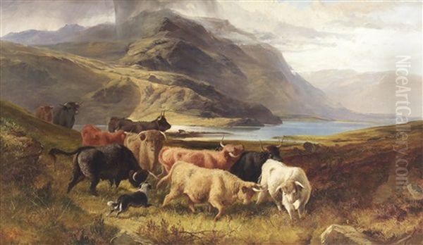 Droving Highland Cattle By A Lochside (collab. W/joseph Denovan Adam) - view 1