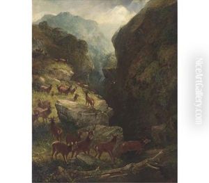 Deer In A Highland Landscape (collab. W/aster Corbould) by Joseph Adam