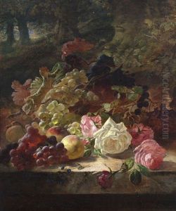 Still Life Of Fruit And Flowers In Woodland Setting by Joseph Denovan Adam