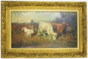 Highland Cattle With Milkmaid Herding A White Calf by Joseph Denovan Adam