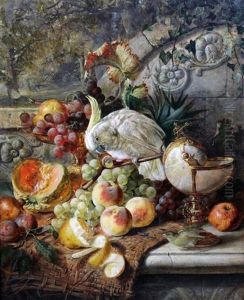 Still Life Of Fruit On A Ledge With A Cockatoo by Joseph Denovan Adam