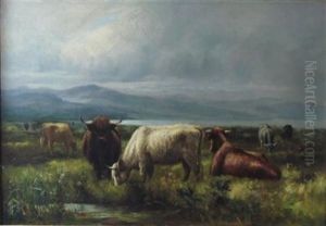Highland Cattle Grazing At A Lochside by Joseph Denovan Adam