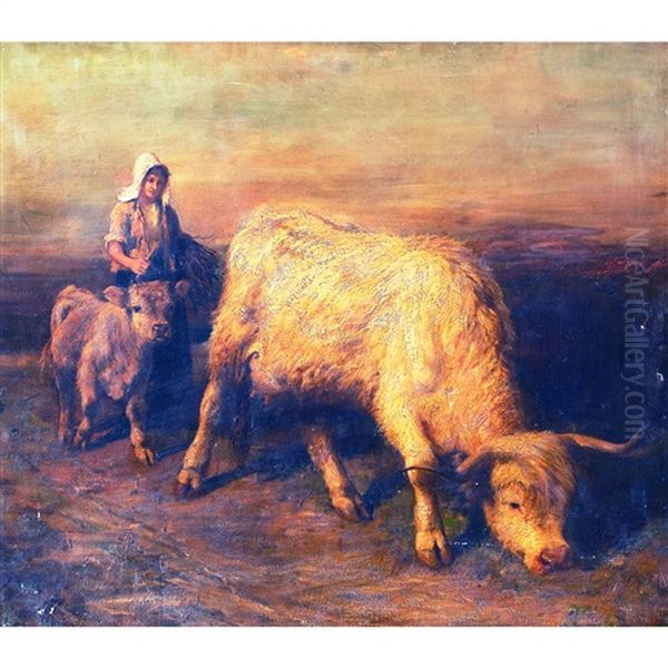 Young Shepherdess Guiding A Cow And Calf - view 1