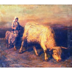 Young Shepherdess Guiding A Cow And Calf by Joseph Denovan Adam