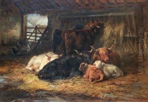 Winter Quarters, Highland Cattle In A Barn by Joseph Denovan Adam