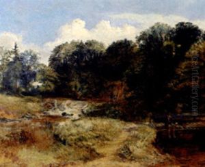 Sommerliche Flusslandschaft Mit Katarakt Und Angler Am Steg by Joseph Denovan Adam