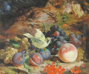 Mixed Fruit, A Canary And A Butterfly On A Woodland Floor