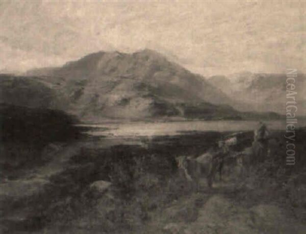 A Drover With Cattle In A Highland Lake Landscape - view 1