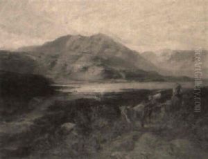 A Drover With Cattle In A Highland Lake Landscape