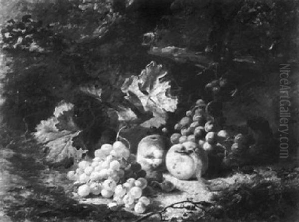 A Chaffinch, Grapes, A Peaches On A Mossy Bank, A Forest Landscape Beyond - view 1