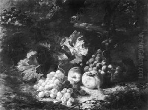 A Chaffinch, Grapes, A Peaches On A Mossy Bank, A Forest    Landscape Beyond