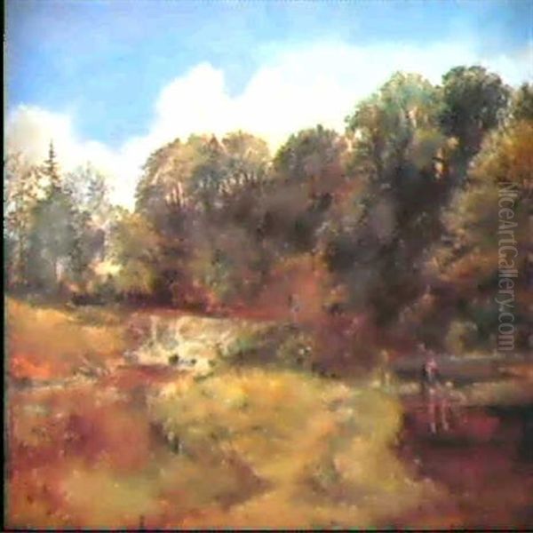 Waldbach Mit Angler Auf Holzbrucke - view 1