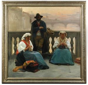 Three Figures On A Bridge Over The River Arno Three Figures On A Bridge Over The River Arno