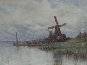 Windmills On The Bank Of A River by Patrick William Adam