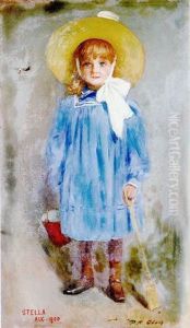 Stella, Portrait Of A Little Girl In A Blue Dress, Straw Hat And Bucket And Spade