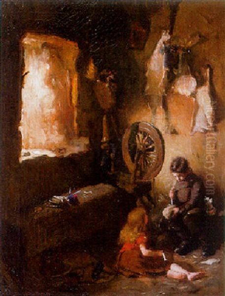 A Cottage Interior With Children Playing By A Spinning Wheel - view 1