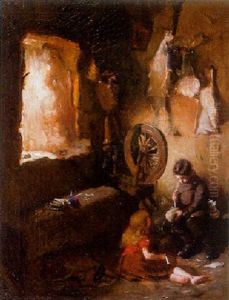 A Cottage Interior With Children Playing By A Spinning Wheel by Patrick William Adam