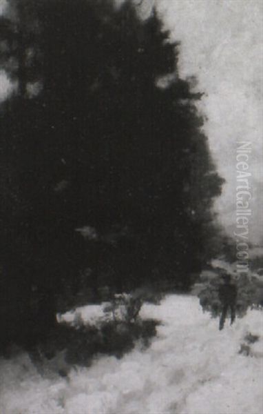 A Shepherd And His Flock In A Winter Landscape - view 1
