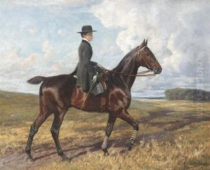 Reiterin Auf Araberhengst In Weiter Feldlandschaft by Richard Benno Adam