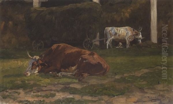 Ruhende Rinder Mit Heuwagen - view 1
