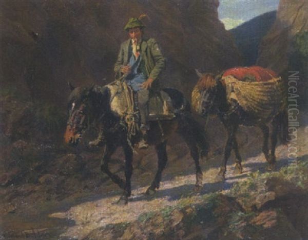 Bauernbursche Zu Pferd Und Mit Einem Maultier - view 1